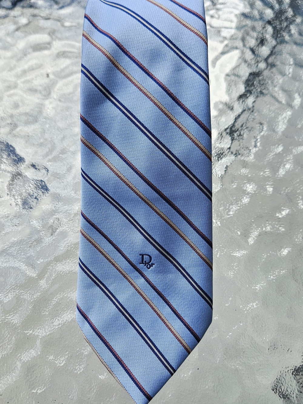 Dior Light Blue Striped Silk Tie with Navy and Beige Accents